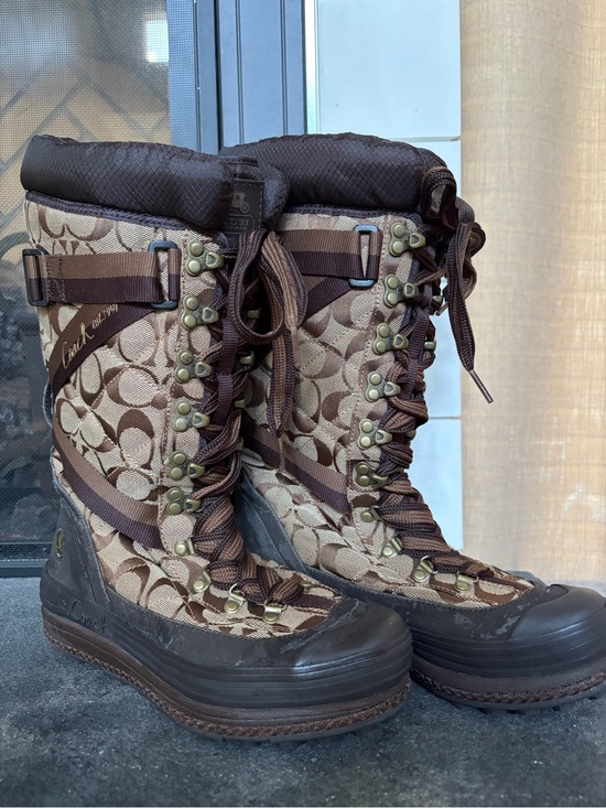 Coach Shoes - Coach Brown Signature Pattern Lace-Up Winter Boots